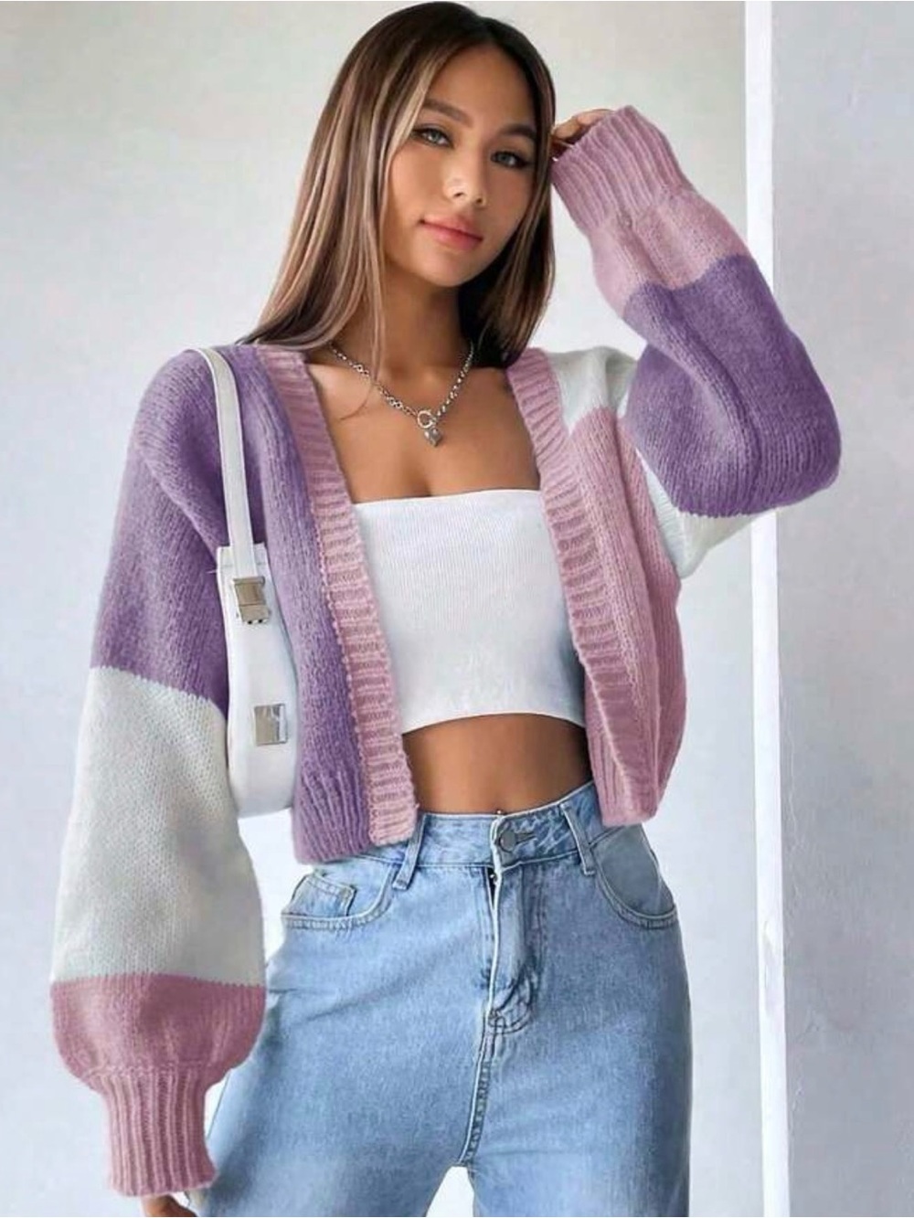 Lavender & Pink Colorblock Chunky Open-Front Cardigan